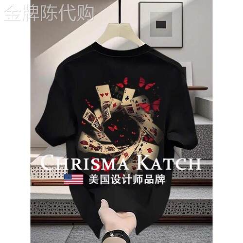 出口美国Chrisma Katch~纯棉短袖美式松弛感宽松扑克印花港风