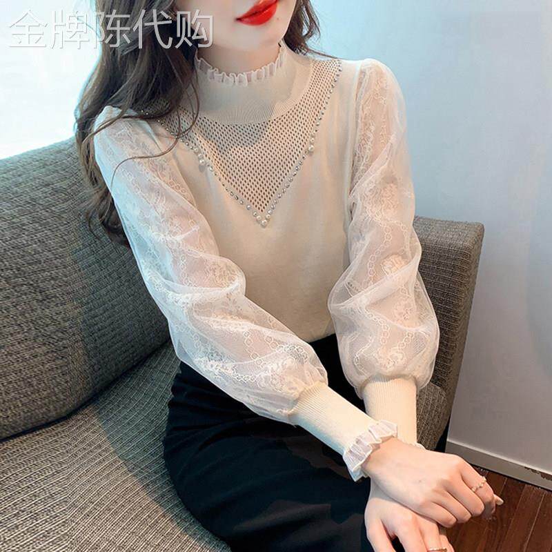 半高领蕾丝打底衫女士春秋季2025新款内搭时尚洋气小衫针织衫上衣