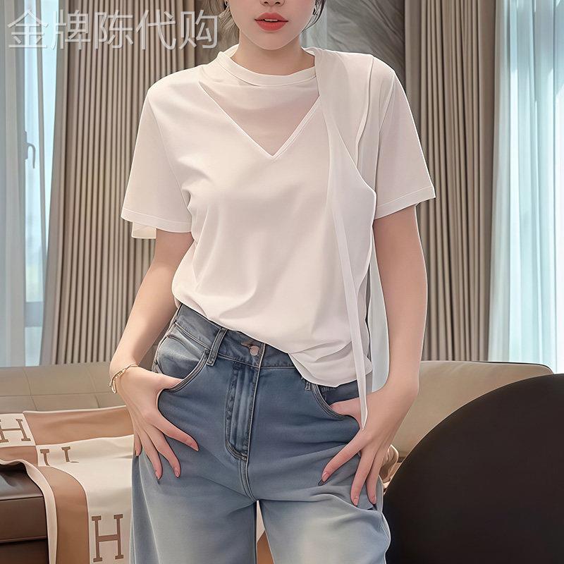 短袖T恤女2026夏季新款欧洲站时尚百搭纯色丝巾打底衫半袖上衣