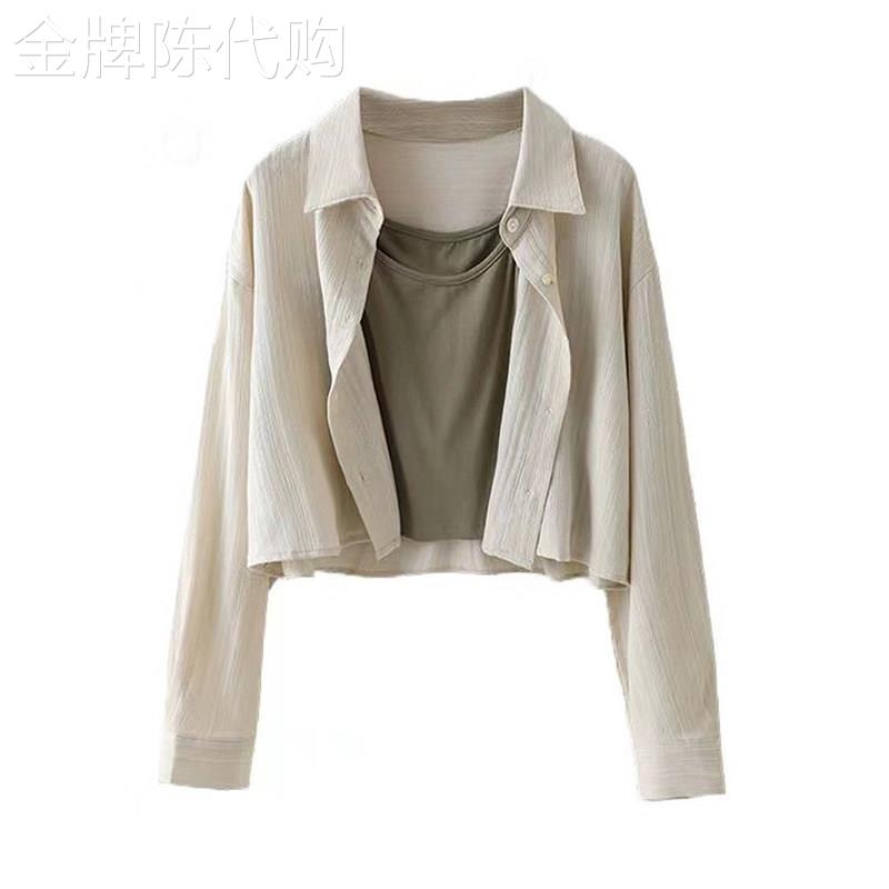 米灰色短款防晒衬衫女士夏季欧货法式通勤风POLO领钮扣开衫薄外套