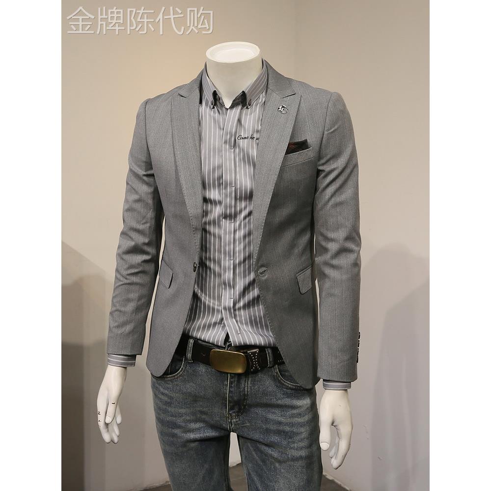 商务休闲正装西服男高端潮流条纹小西装男士通勤简约修身单西外套
