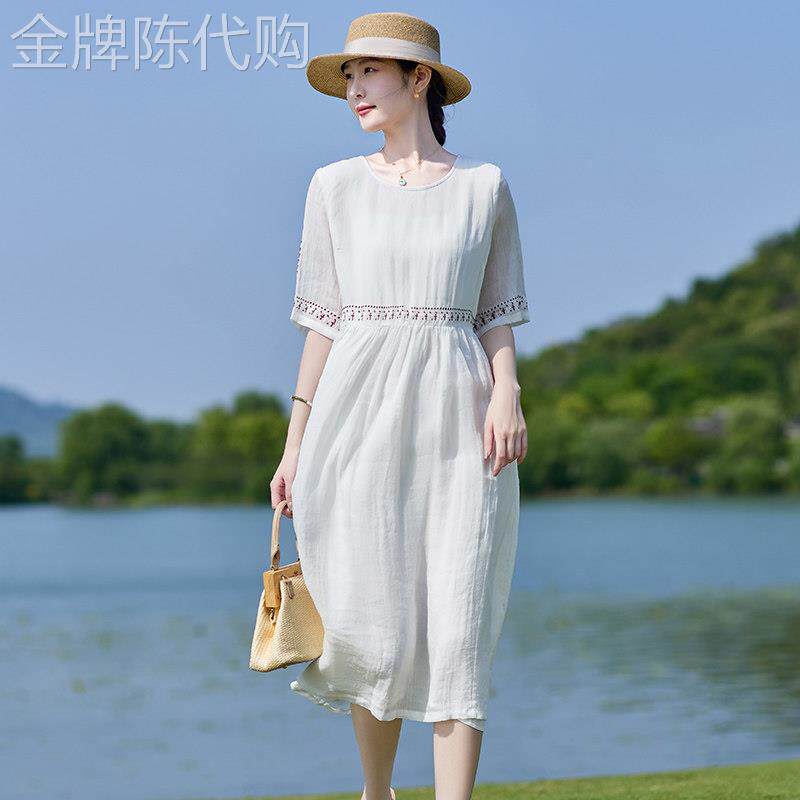 高端纯苎麻白色连衣裙2025年新款女夏季薄款文艺复古棉麻大摆裙子