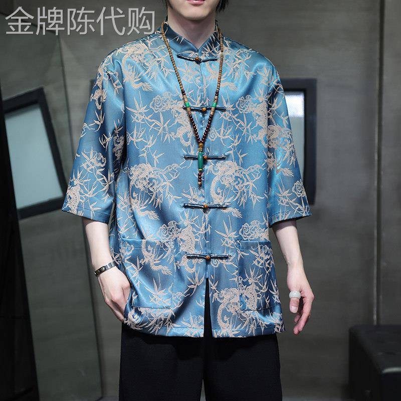 新中国风唐装男子夏季薄冰丝绸短袖衬衫中国风扣汉宽松大尺寸上衣