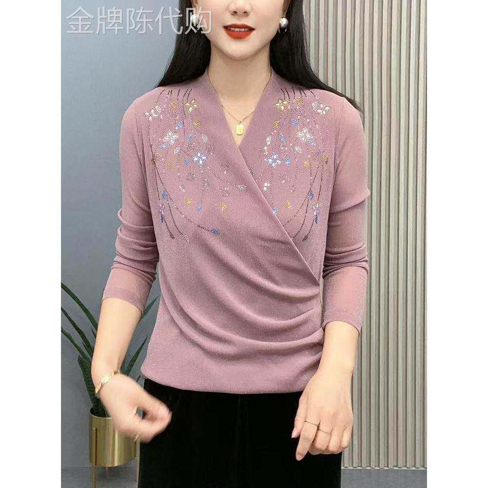 韩国2025秋季妈妈装V领烫钻小衫时尚交叉长袖网纱T恤打底衫女减龄