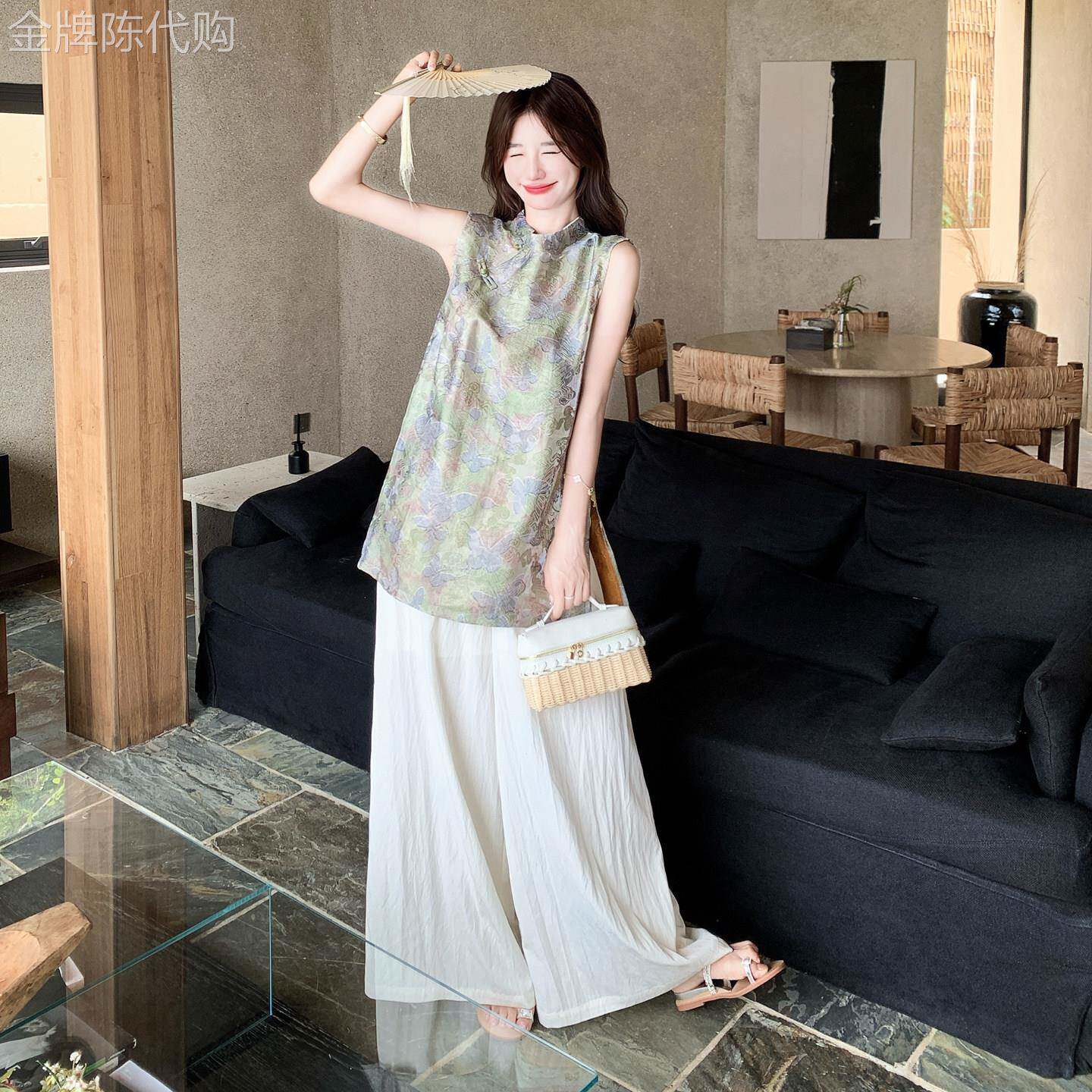 新中式国风蝴蝶提花盘扣背心套装女2026夏巨好看高级松弛感两件套
