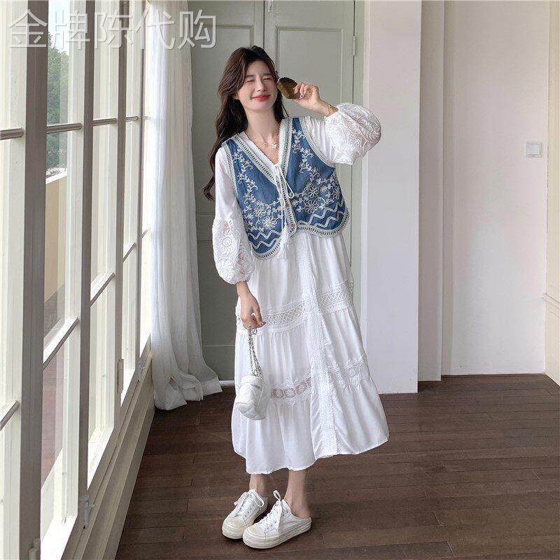 收腰马甲洋装女2026春新款长袖百搭小个子初恋度假风两件套长裙