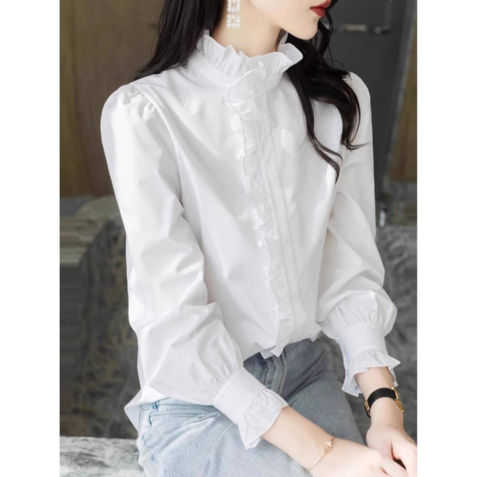 法式荷叶边白色衬衫女春秋季2025新款设计感小众衬衣内搭打底上衣
