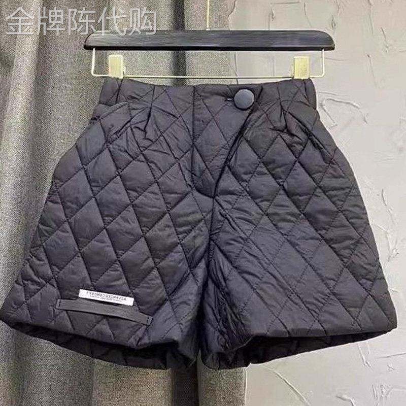 黑色菱格纹棉裤女秋冬欧货高腰夹棉保暖阔腿短裤黑色百搭打底裤潮