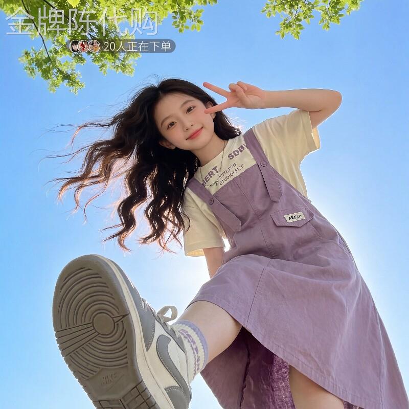 法国BADNUT女童洋装套装夏季2026新款儿童紫色中大童牛仔抱婴袋裙