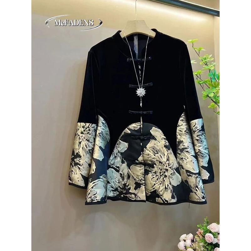 香港欧货大码女装新中式国潮圆领丝绒拼接盘扣设计洋气百搭上衣女