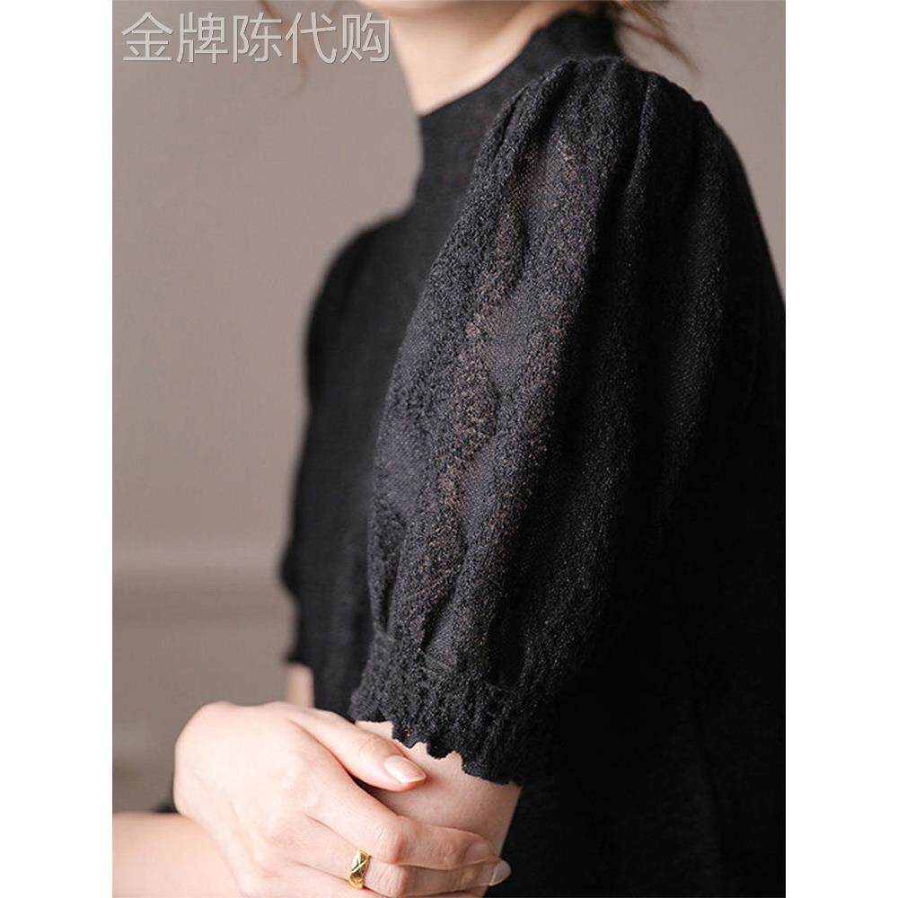 半高领黑色短袖针织衫女2025秋季新款法式镂空大码薄款泡泡袖上衣