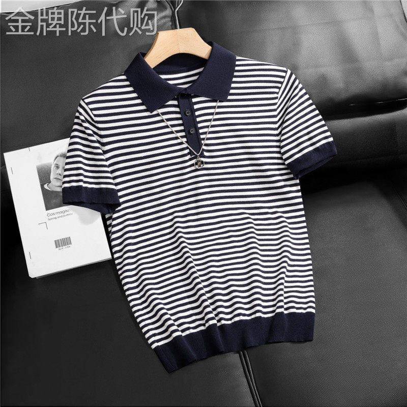 条纹撞色冰丝针织短袖POLO衫男夏季薄款潮流修身上衣半袖翻领T恤