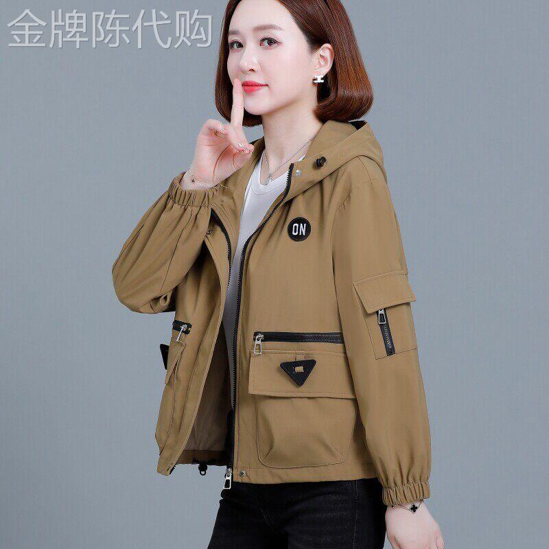 韩国休闲外套女春秋短款新款宽松小个子妈妈春装连帽工装夹克风衣