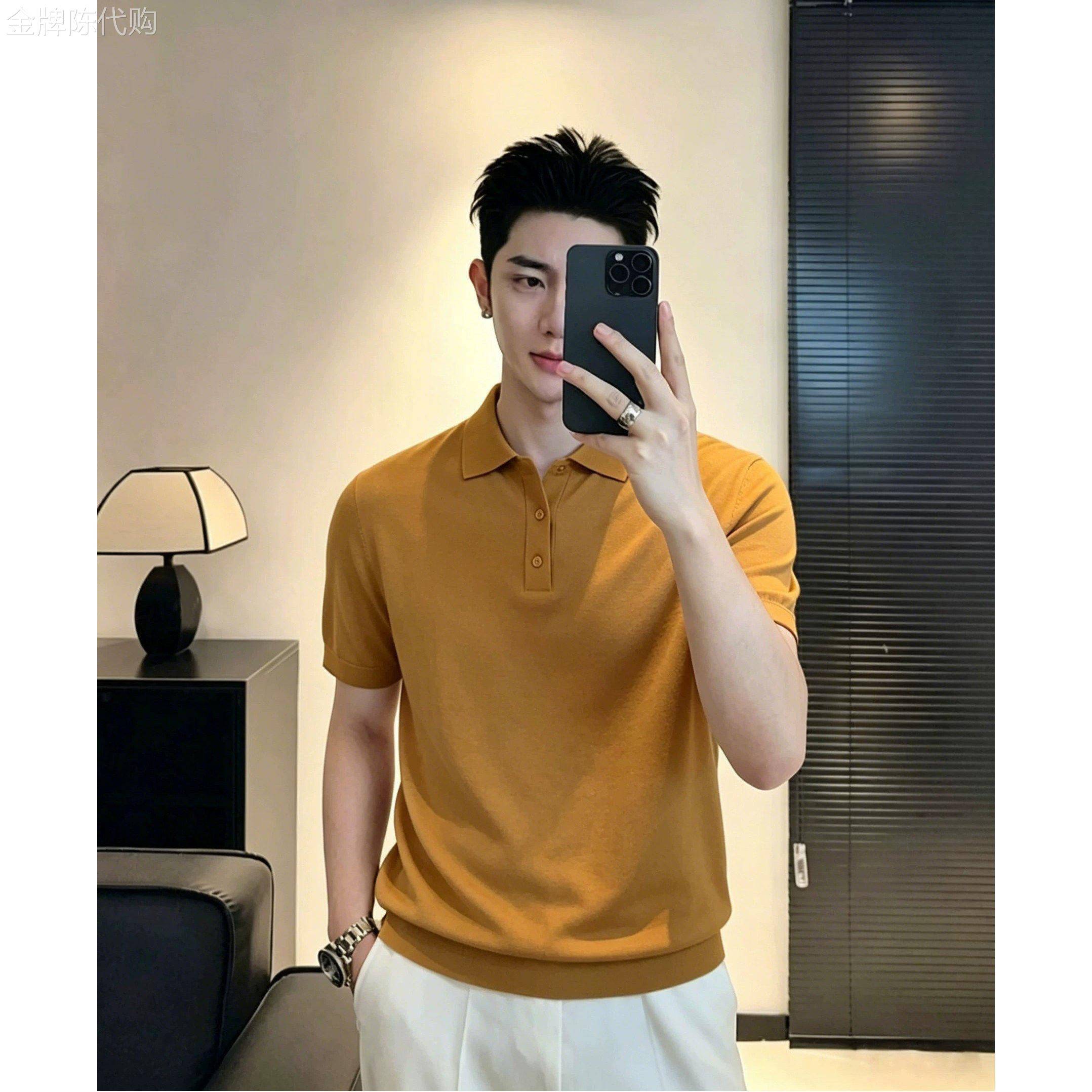 潮牌莱赛尔麦垛黄薄款短袖polo衫男夏季商务通勤翻领针织T恤上衣