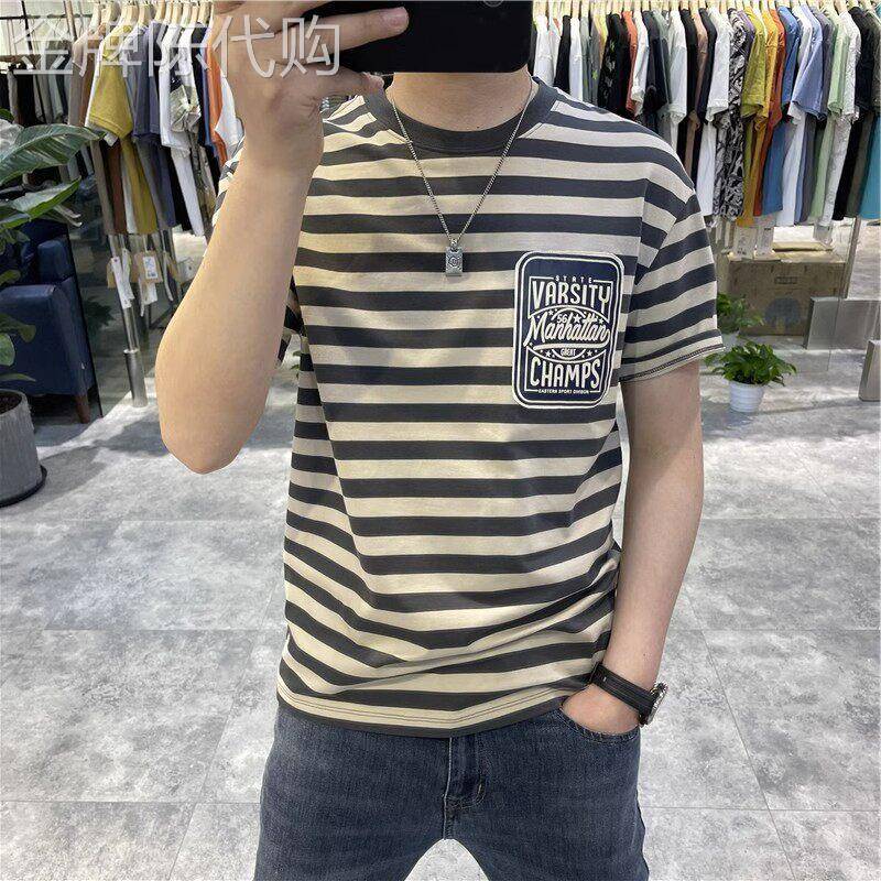 香港专柜夏季时尚流行条纹短袖T恤男美式休闲潮流纯棉半袖男体恤