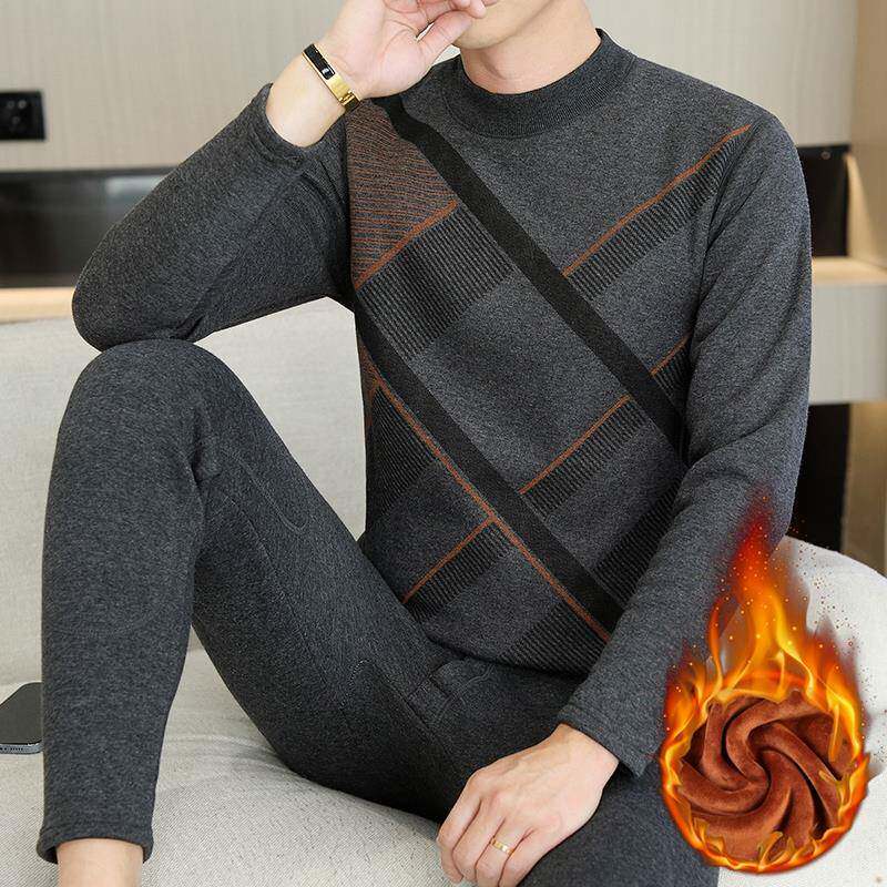 MAROLIO~保暖内衣男士套装冬季加绒加厚纯棉打底衫男中领线衣线裤
