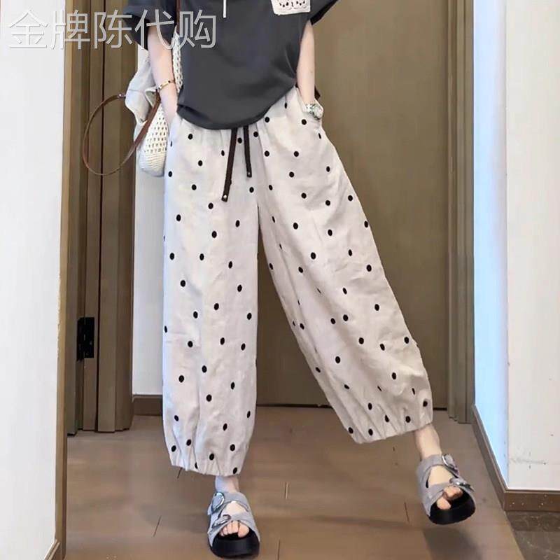 高腰亚麻波点休闲裤女夏季2025新款小个子宽松遮胯薄款九分直筒裤