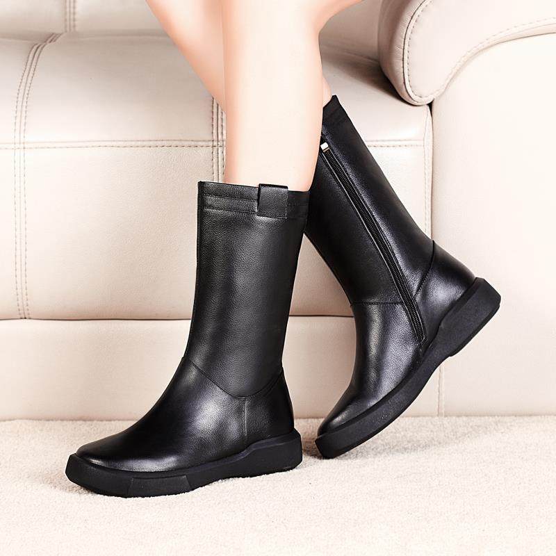 动力足女鞋真皮马丁靴女休闲中靴马靴女靴春秋单靴子中筒靴女平底