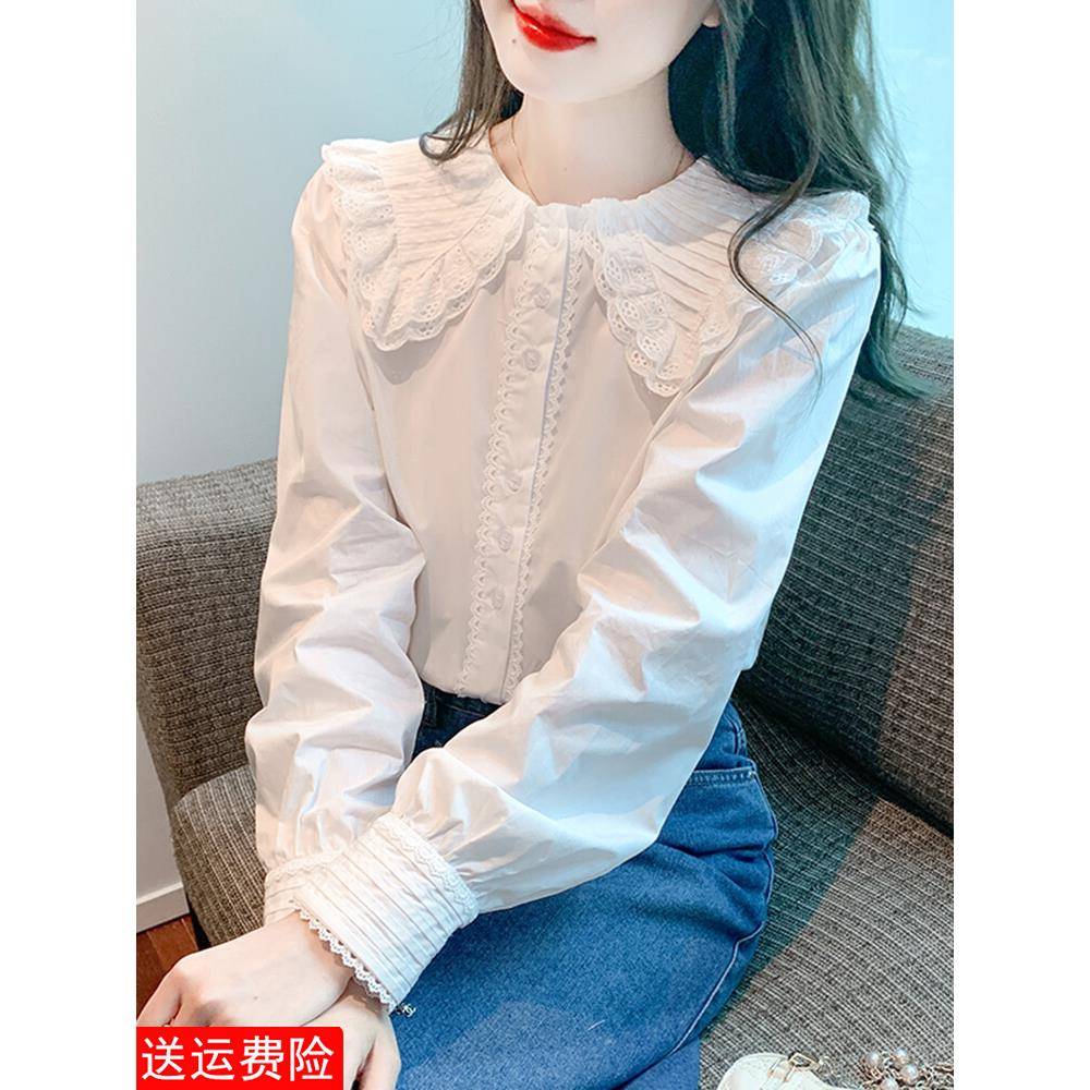 香港TIMO春季新款韩版娃娃领荷叶边雪纺衬衫女秋甜美长袖上衣小衫