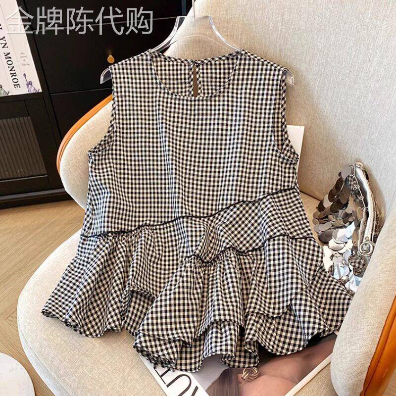 潮牌法式荷叶边无袖格子背心女夏季2026年新款韩版洋派减龄娃娃衫