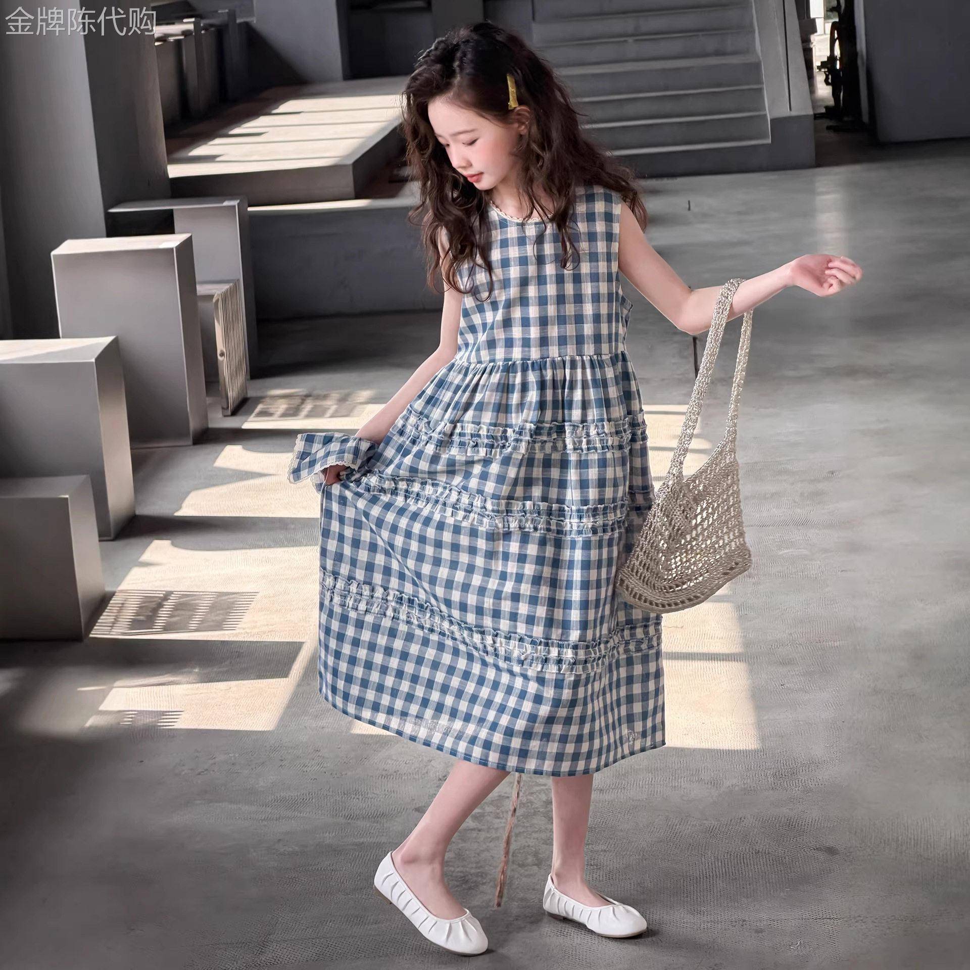 法国BADNUT女童洋装夏季2026新款儿童无袖棉布裙格子圆领洋装