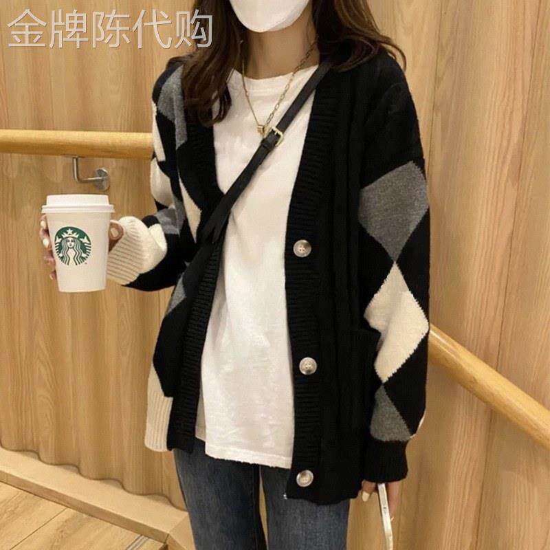 拼色菱格针织开 衫女春秋装深圳欧货小衫外衣慵懒宽松外穿毛衣外