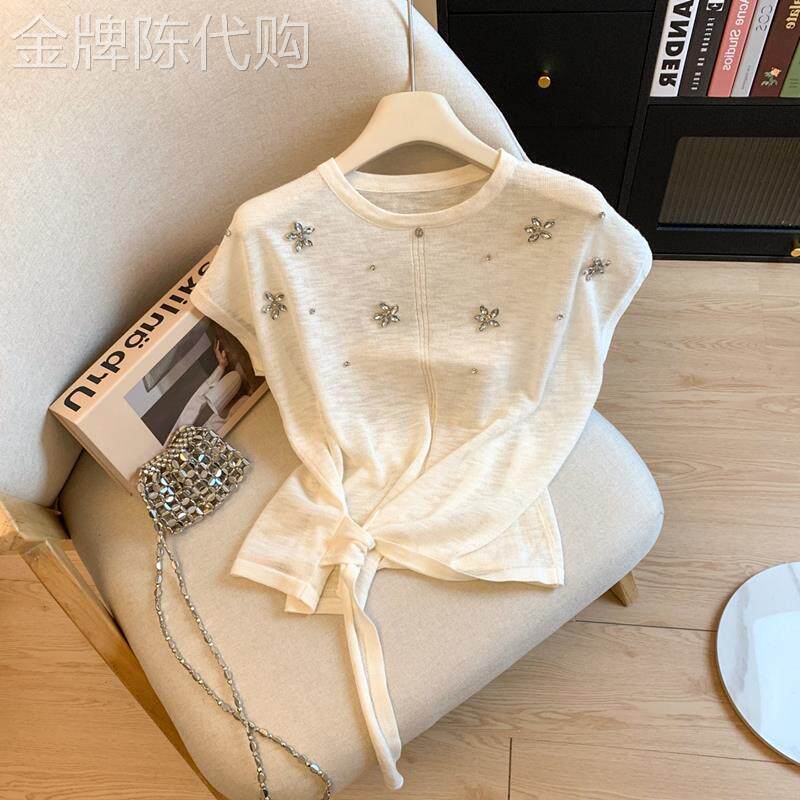 潮牌夏季新款女圆领薄款短袖T恤套头宽松上衣重工镶钻别致针织衫