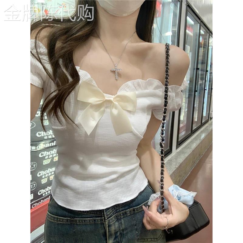 韩系甜美蝴蝶结一字肩短袖t恤女2026夏季新款欧货显瘦短款上衣潮