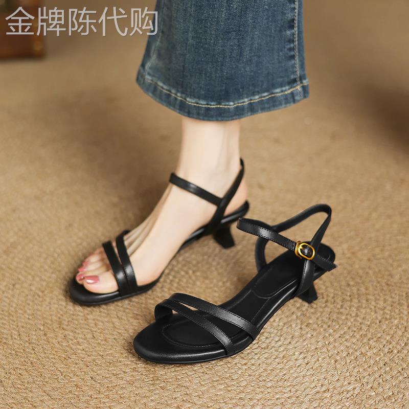 时尚软皮一字带绝美凉鞋女2026夏季新款百搭中跟不累脚单鞋高跟鞋