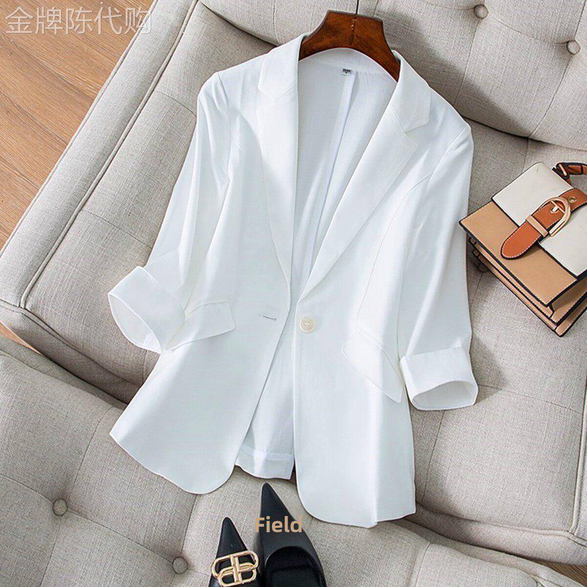白色天丝亚麻西装外套女夏季薄款2025年修身显瘦气质女士西服上衣