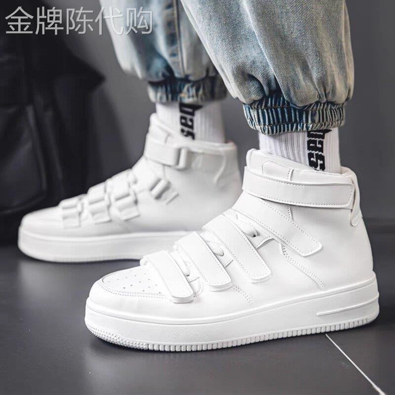 白色高筒鞋男真皮透气2025新款休闲 增高板鞋百搭懒人魔术贴小白