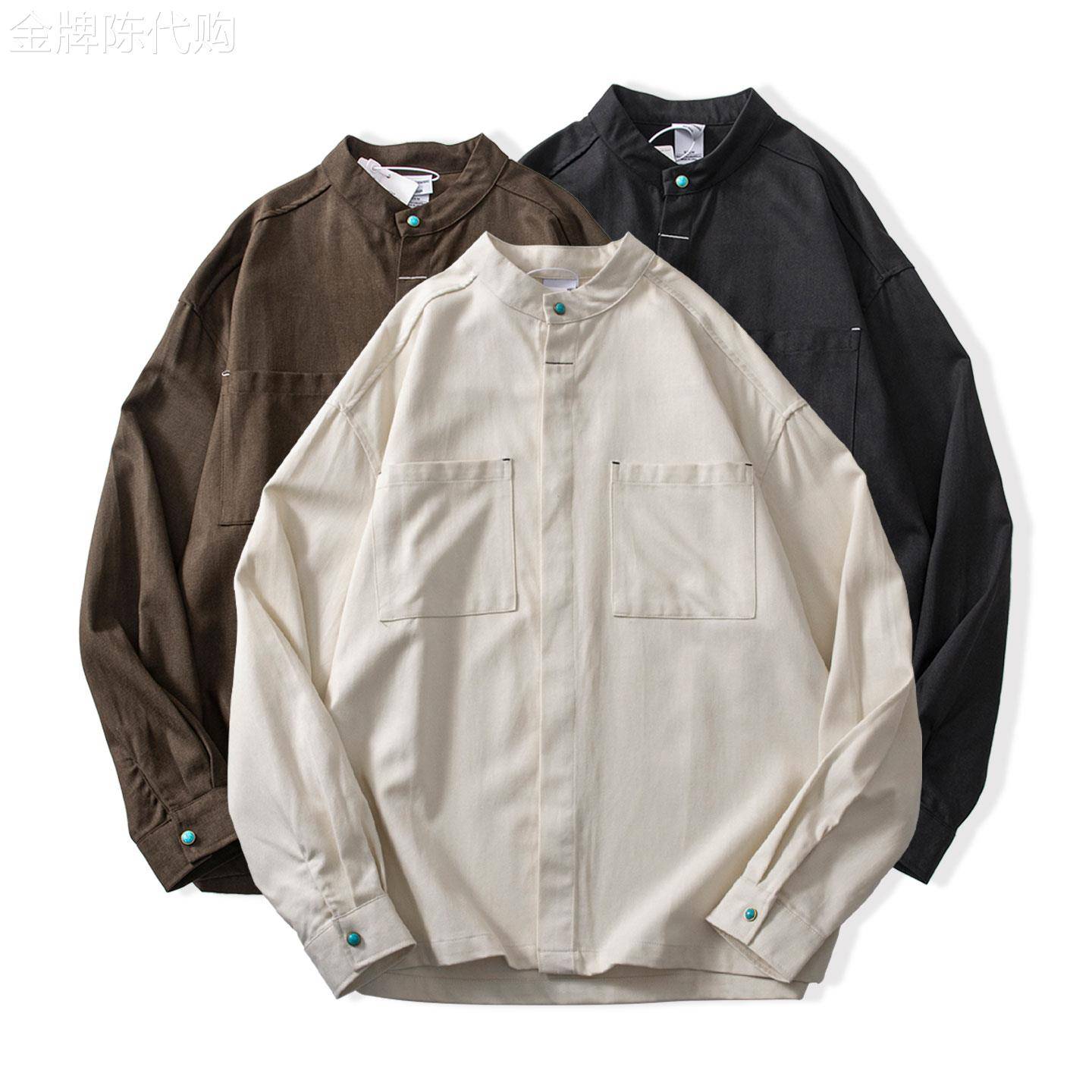 MUSONMU潮牌日系莱赛尔棉混纺中山领长袖衬衫男宽松免烫休闲衬衣