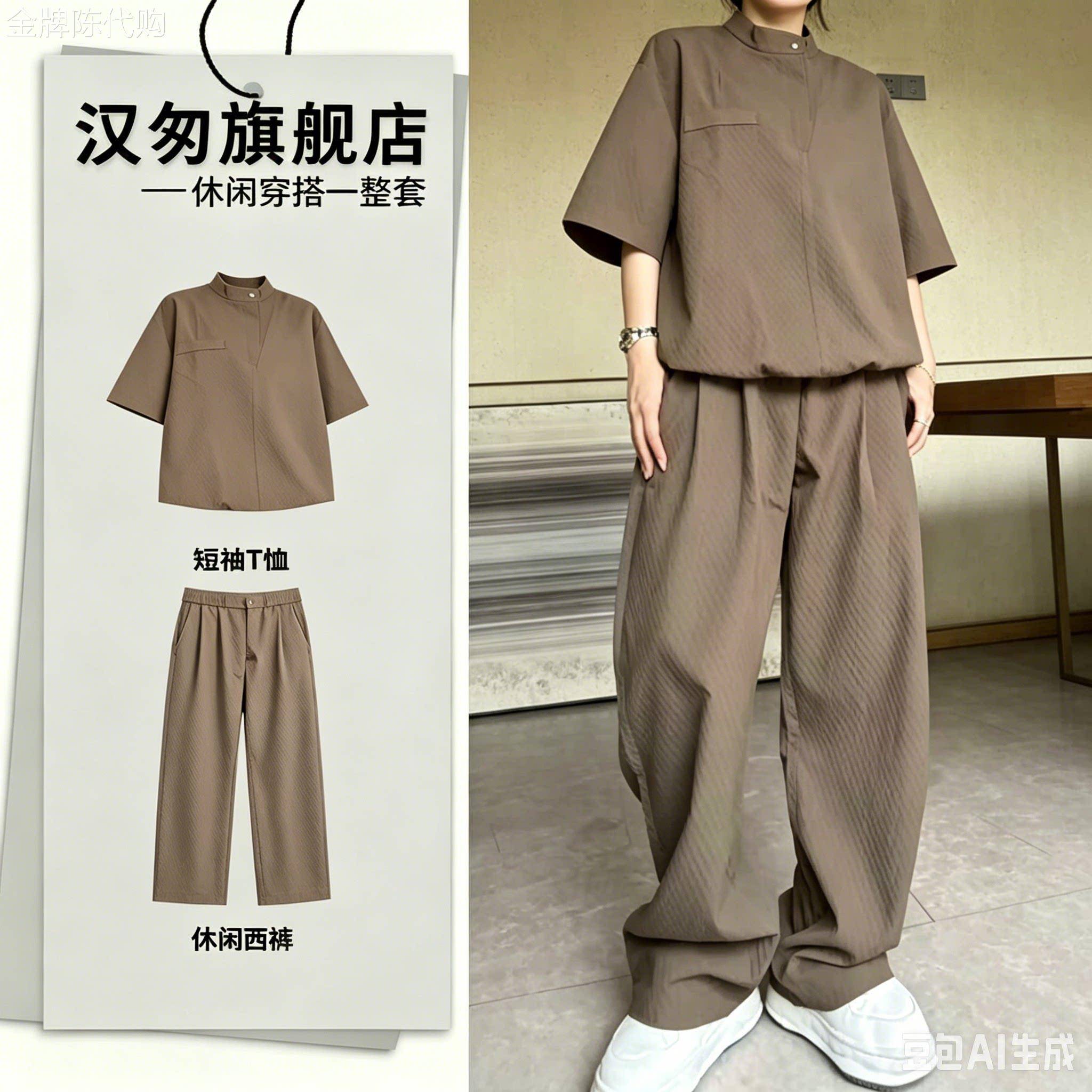 美式休闲泡泡纱休闲套装男夏季新款潮流慵懒风短袖t恤长裤一整套