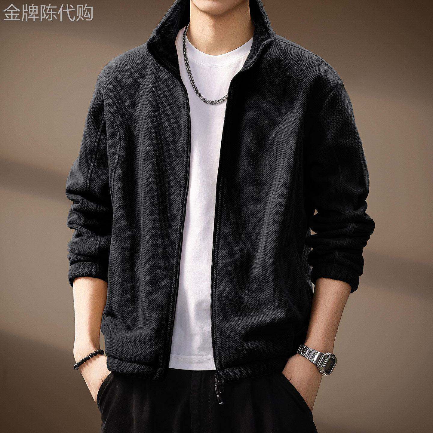 香港高端340g双面摇粒绒开衫外套男2026春秋新款美式拼接结构卫衣