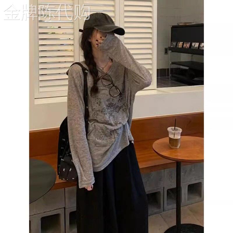 灰色慵懒风长袖T恤防晒罩衫女夏季美式复古薄款微透宽松大尺码上