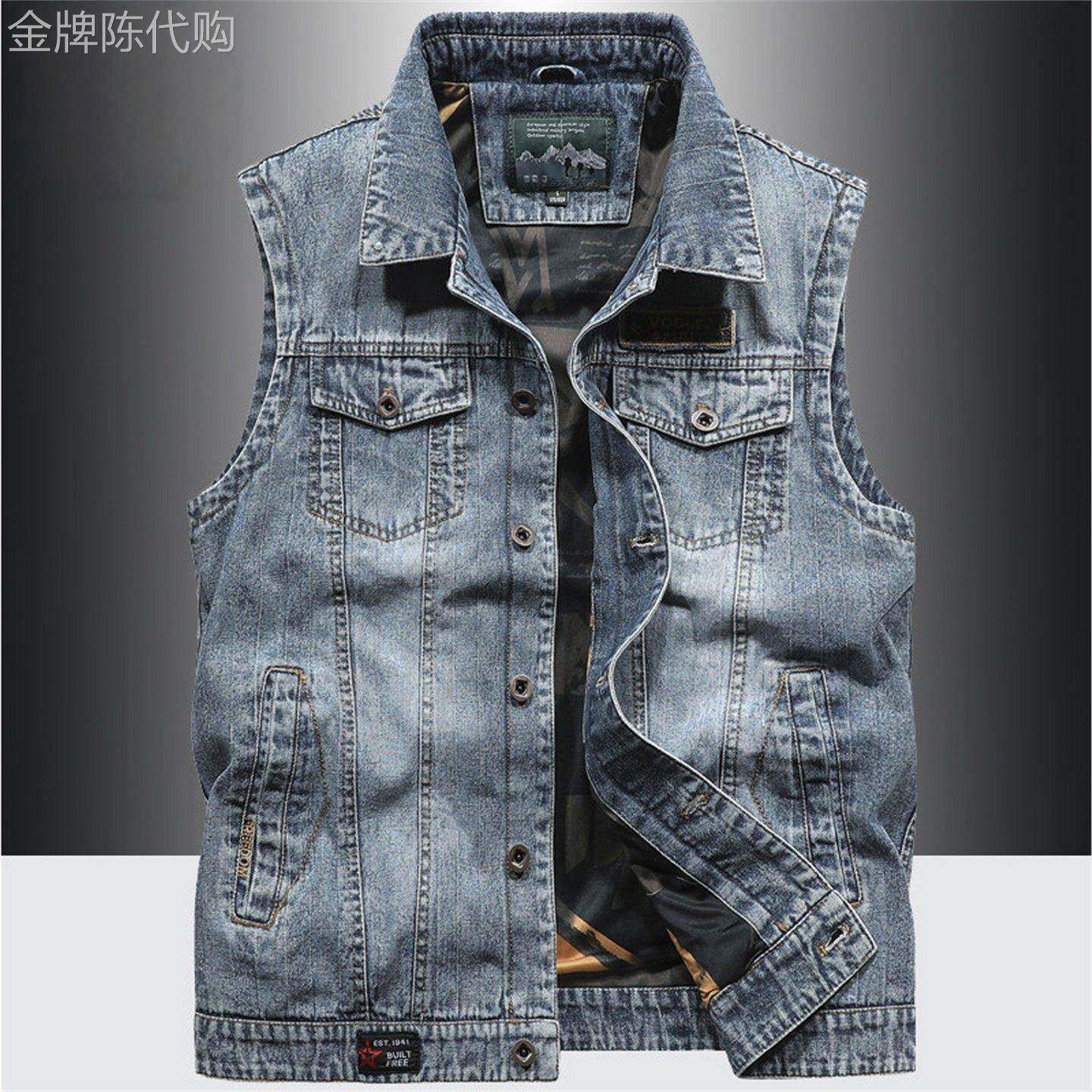 MK正品工装牛仔马甲男春秋季高端多口袋休闲复古百搭男士坎肩背心