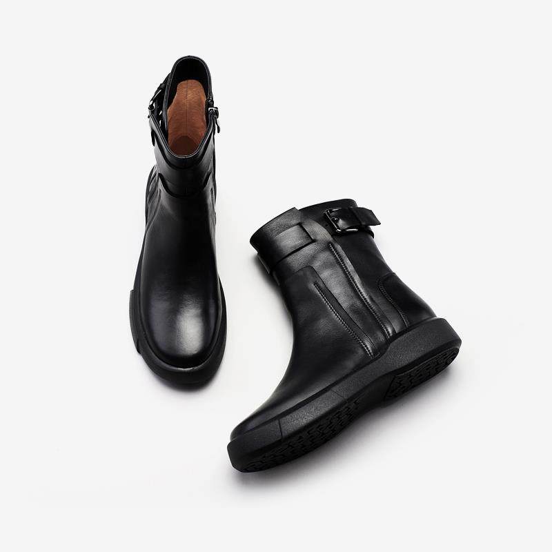 动力足女鞋春秋马丁靴女英伦风休闲平底短靴春秋真皮中筒靴子单靴