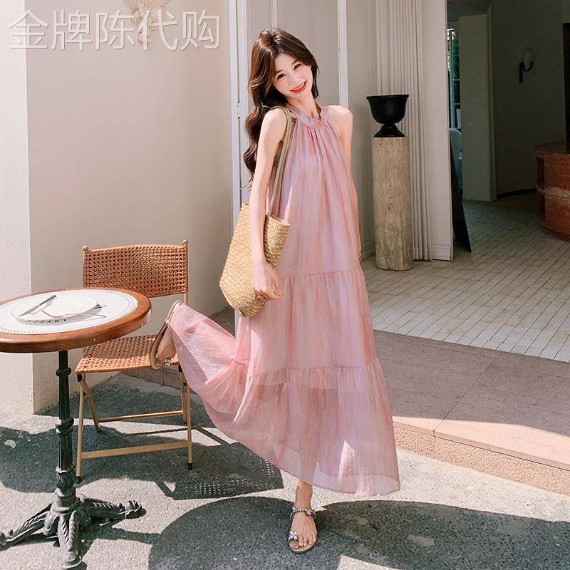 粉色挂颈洋装女装2026夏季新款温柔度假风漂亮超好看气质长裙子