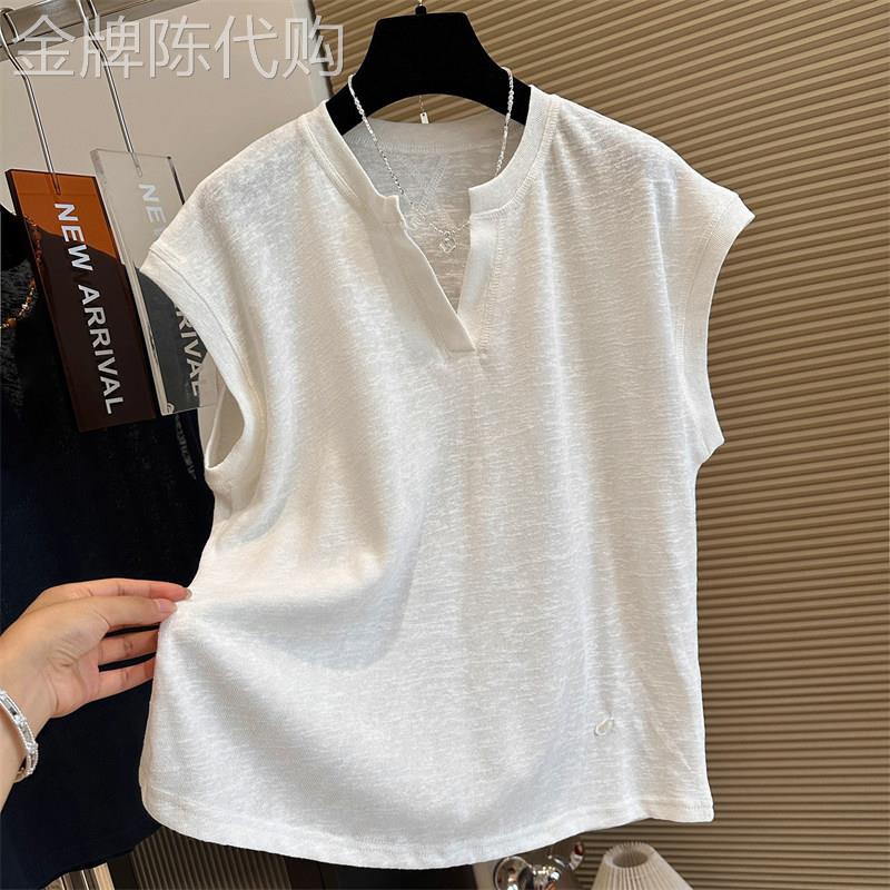轻奢高端1/4吋套筒扳手袖T恤冰丝轻薄衬衫男女夏薄款剪刀领凉感大