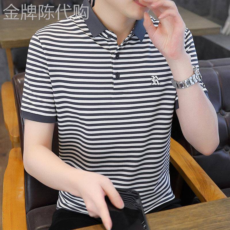 高端横条纹短袖t恤男夏季修身男士翻领Polo衫刺绣冰丝薄休闲体恤