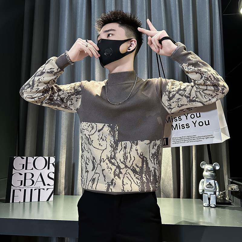 潮牌痞帅半高领毛衣男秋冬高级感内搭上衣时尚潮流百搭修身打底衫