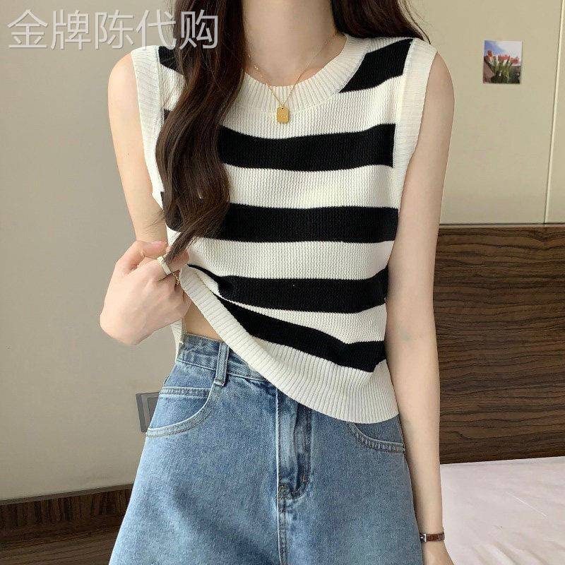 潮牌条纹针织背心女夏季外穿无袖坎肩法式t恤冰丝小吊带短款上衣