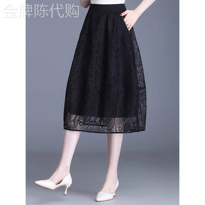 黑色蕾丝高腰半身裙女士夏季欧货2026新款中长版显瘦松紧腰花苞裙