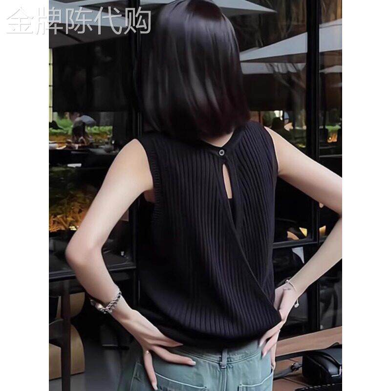 黑色针织吊带背心女士秋季薄款设计感遮副乳镂空后背圆领冰丝上衣