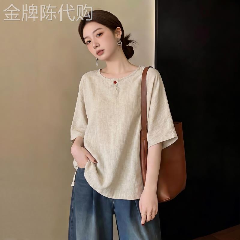 新中式国风棉麻正肩短袖T恤女2026夏季新款大尺码胖mm慵懒宽松上