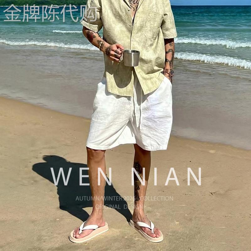 韩国WEN NIAN老钱风亚麻短裤男士2026夏季新款薄款海边度假风裤子