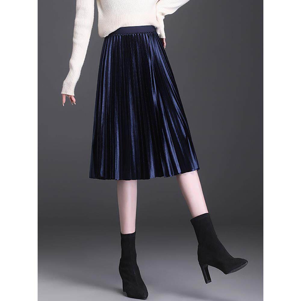 金丝绒半身裙女秋冬新款小个子高腰显瘦中长款a字裙春秋百褶裙子