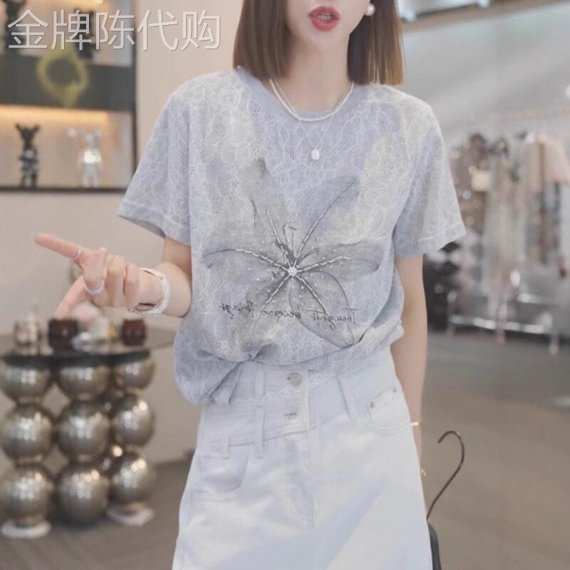 大尺码蕾丝短袖T恤女夏季2026新款设计感宽松纯棉花朵休闲时尚上