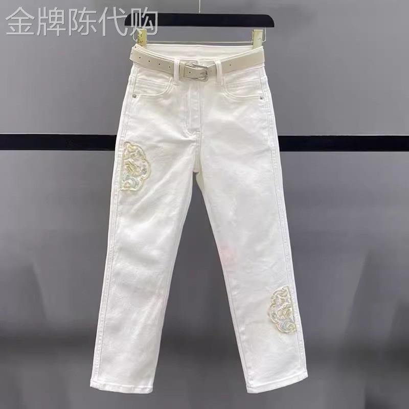 白色直筒牛仔裤女夏季薄款2026新款中式国风高腰小个子九分烟管裤