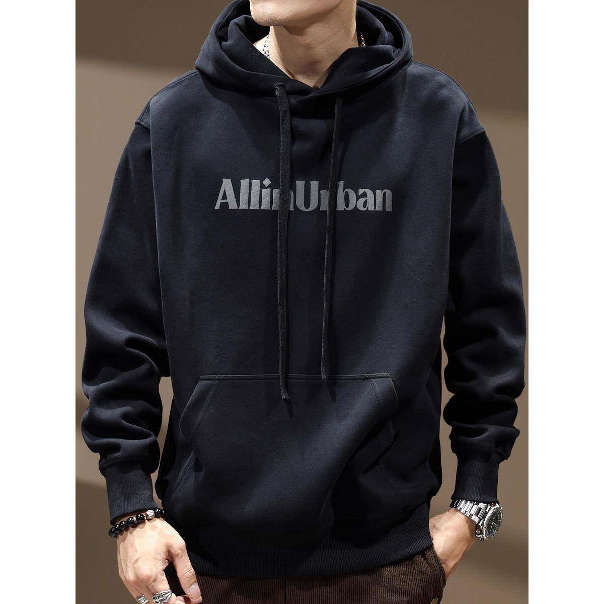 高端秋冬字母印花黑色连帽卫衣男士潮牌美式重磅宽松休闲打底衫男